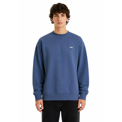 Sweat-shirt Vans bleu pour homme, col rond en coton, avec petit logo blanc sur la poitrine gauche.