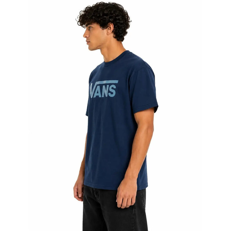 T-shirt Vans bleu marine pour homme, en coton, à manches courtes, avec logo bleu clair sur la poitrine et col rond.