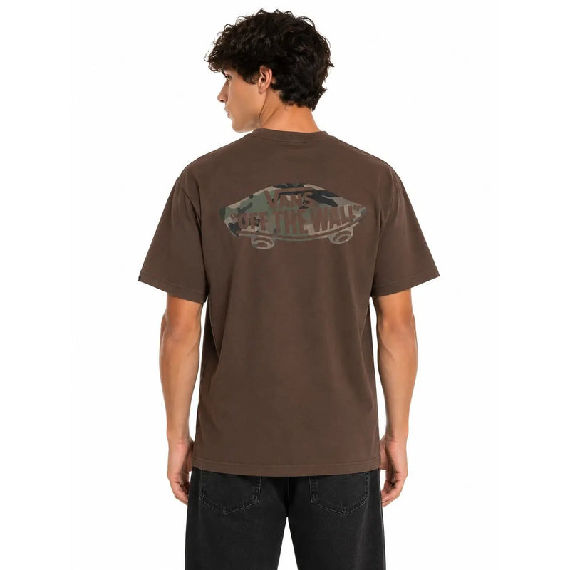 T-shirt Vans marron en coton à manches courtes pour homme, dos dévoilant un motif graphique original et un imprimé camouflage.