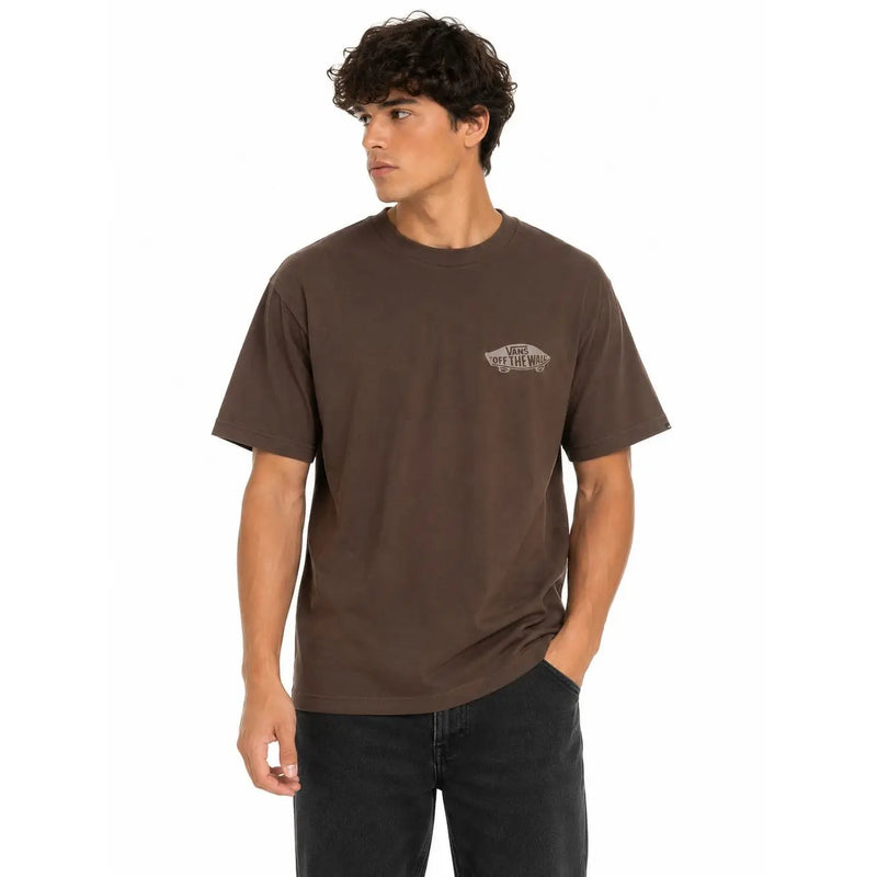 T-shirt Vans pour homme, marron, en coton, à manches courtes, avec un petit logo clair sur la poitrine gauche.