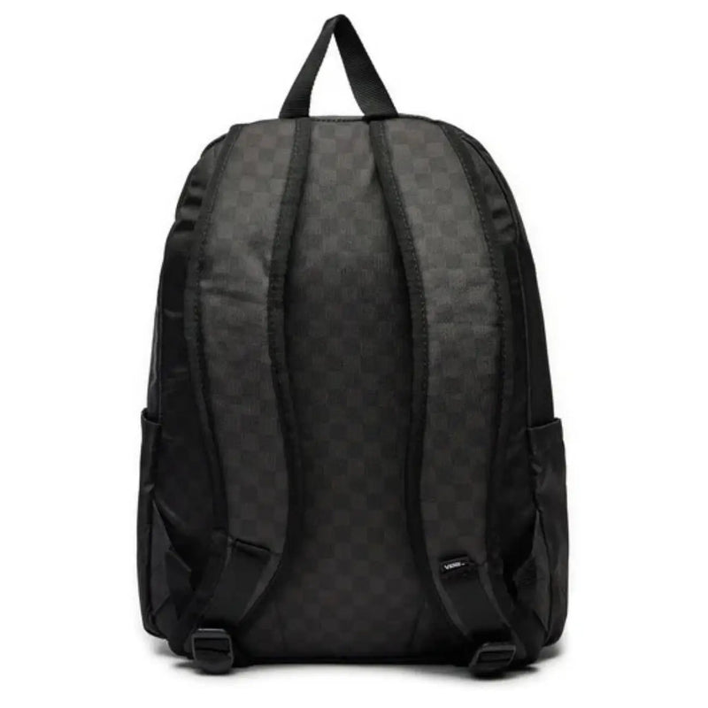 Sac à dos Vans noir pour homme, en polyester à motif damier discret et bretelles noires unies, vu de dos