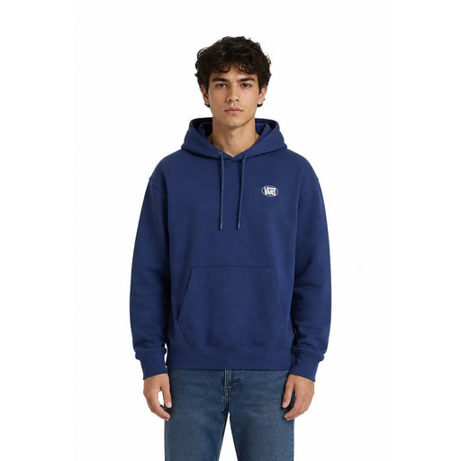 Sweat à capuche Vans bleu marine pour homme, en coton, avec logo blanc sur la poitrine et cordons de serrage assortis, idéal pour une tenue décontractée.
