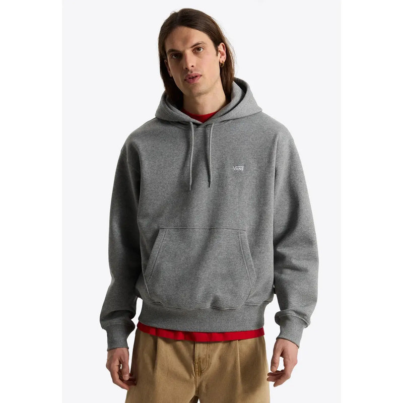 Sweat à capuche Vans pour homme en coton gris chiné, avec petit logo blanc sur la poitrine et bordure rouge à la taille.