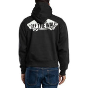 Dos d'un sweat à capuche Vans pour homme en coton noir avec un logo de skateboard blanc, idéal pour l'automne et l'hiver.