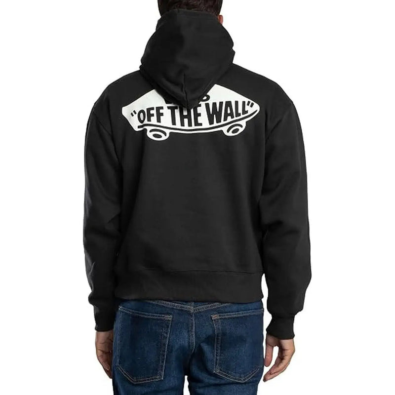 Dos d'un sweat à capuche Vans pour homme en coton noir avec un logo de skateboard blanc, idéal pour l'automne et l'hiver.