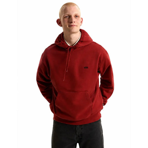 Sweat à capuche rouge Vans pour homme en coton bordeaux avec petit logo noir sur la poitrine et cordons de serrage assortis, manches longues.