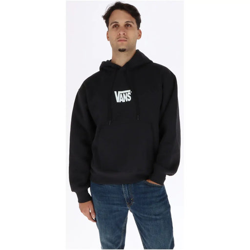Sweat à capuche Vans pour homme, noir, en coton doux, avec logo blanc sur la poitrine.