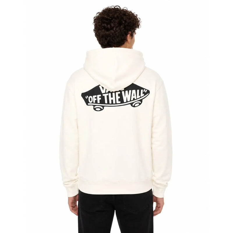 Sweat à capuche Vans pour homme en coton crème, dos dévoilant un motif de skateboard noir et un design original.