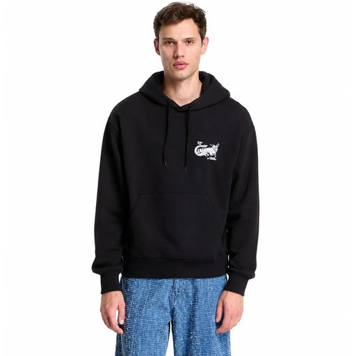 Sweat à capuche Vans pour homme en coton noir, avec poches avant et motif crocodile stylisé blanc sur la poitrine gauche.