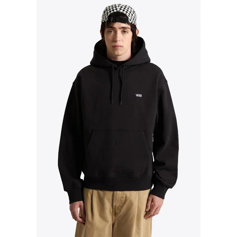 Sweat-shirt Vans noir pour homme en coton avec un petit logo blanc sur la poitrine et des poches avant noires.