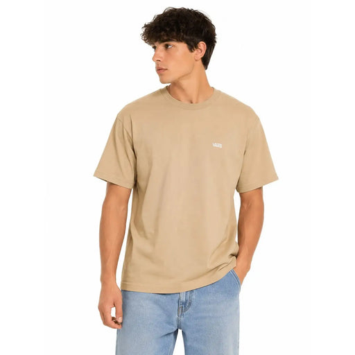 T-shirt Vans beige pour homme, en coton, col rond, avec petit logo blanc sur la poitrine gauche.
