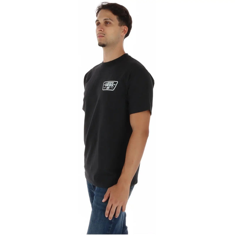 T-shirt Vans pour homme en coton noir, col rond, logo rectangulaire blanc sur la poitrine gauche, style décontracté