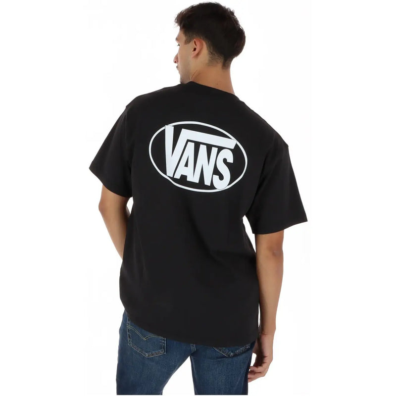 T-shirt noir en coton pour homme Vans, col rond et logo ovale blanc bien visible avec le nom de la marque au dos