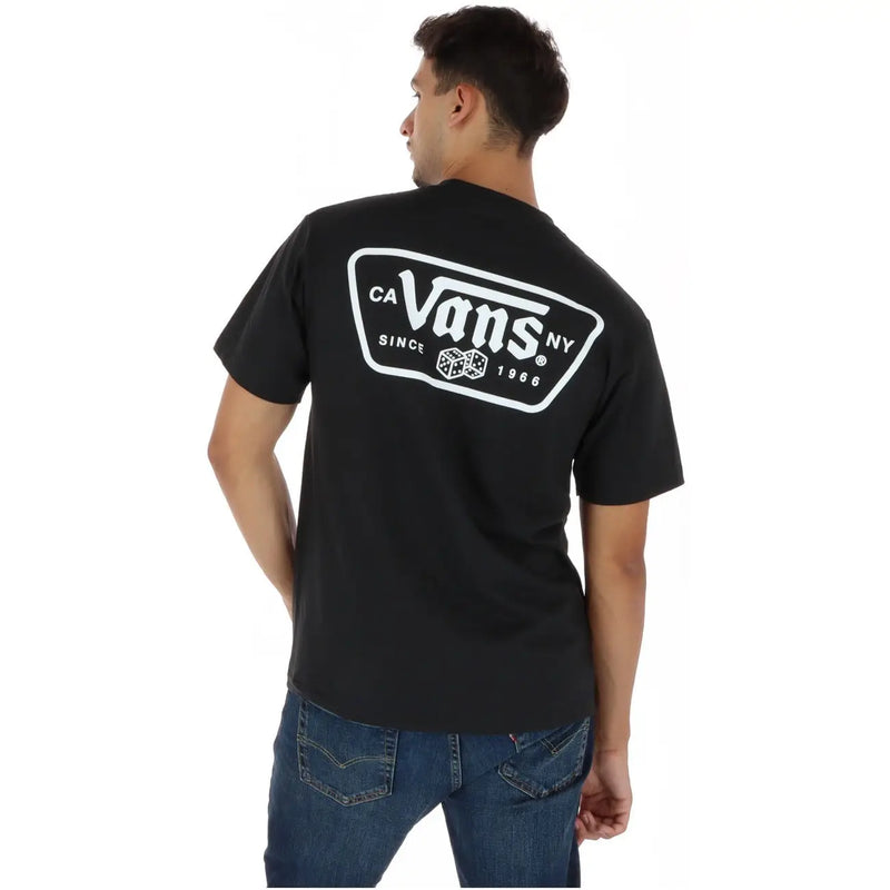 T-shirt Vans homme en coton noir à col rond, orné d'un logo rectangulaire blanc avec l'inscription « CA Vans NY Since 1966 » et un motif de dés.