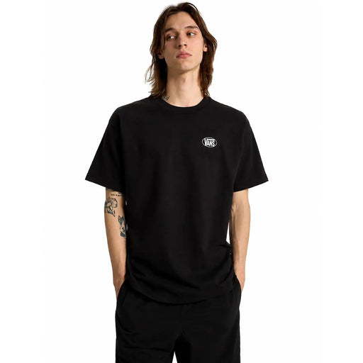 T-shirt Vans noir pour homme, en coton, manches courtes, petit logo ovale blanc sur la poitrine gauche, col rond.