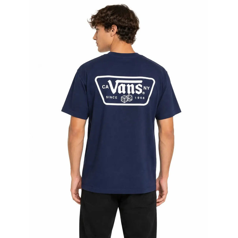 T-shirt Vans bleu marine pour homme, en coton, col rond, logo blanc et motif de dés au dos.