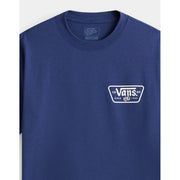 T-shirt Vans bleu marine pour homme, en coton, avec un logo rectangulaire blanc et un motif de dés portant l'inscription « ca vans ny since 1986 ».