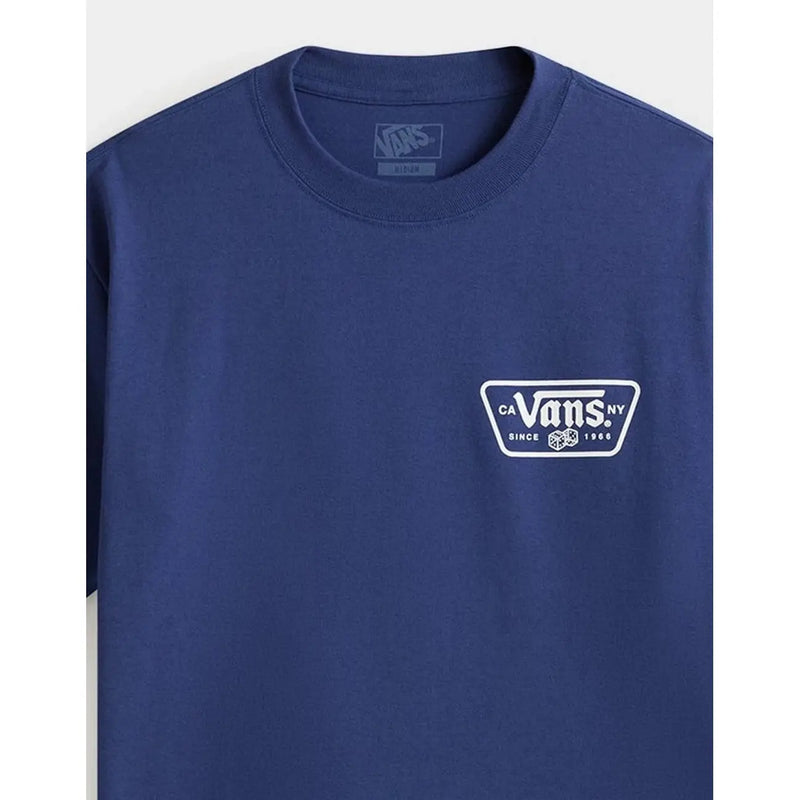 T-shirt Vans bleu marine pour homme, en coton, avec un logo rectangulaire blanc et un motif de dés portant l'inscription « ca vans ny since 1986 ».