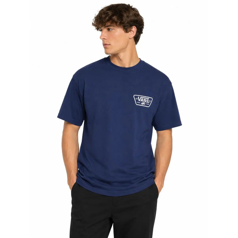 T-shirt Vans bleu marine pour homme, en coton, avec un logo rectangulaire blanc sur la poitrine gauche et un col rond.