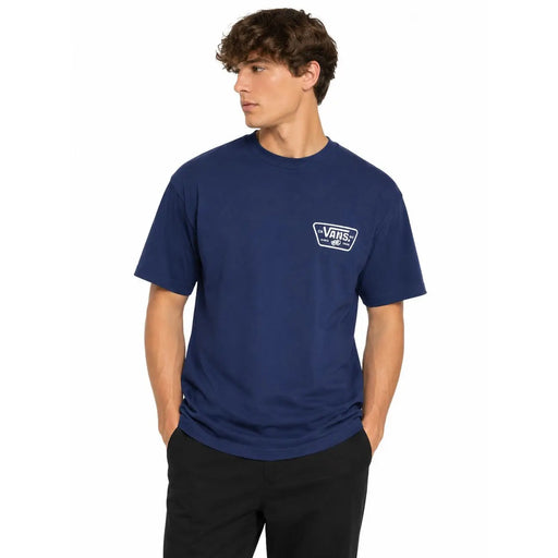 T-shirt Vans bleu marine pour homme, en coton, avec un logo rectangulaire blanc sur la poitrine gauche et un col rond.