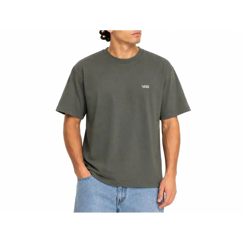 T-shirt homme Vans vert olive en coton, manches courtes, col rond et petit logo blanc sur la poitrine gauche