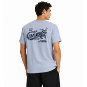 T-shirt Vans pour homme en coton bleu clair à col rond et manches courtes, orné d'un dragon bleu marine et du texte « aballero ».