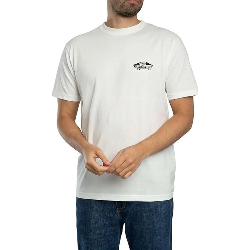 T-shirt Vans pour homme en coton blanc, col rond, logo noir sur la poitrine gauche et manches courtes.