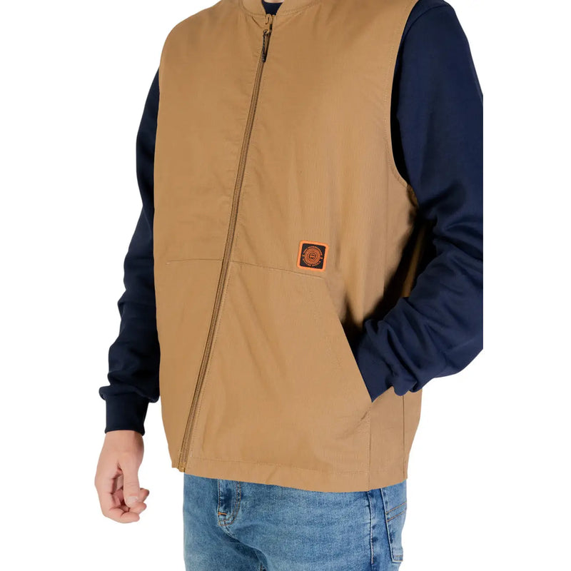 Gilet long zippé beige pour homme Vans, en mélange de coton, avec un petit patch orange sur la poitrine.