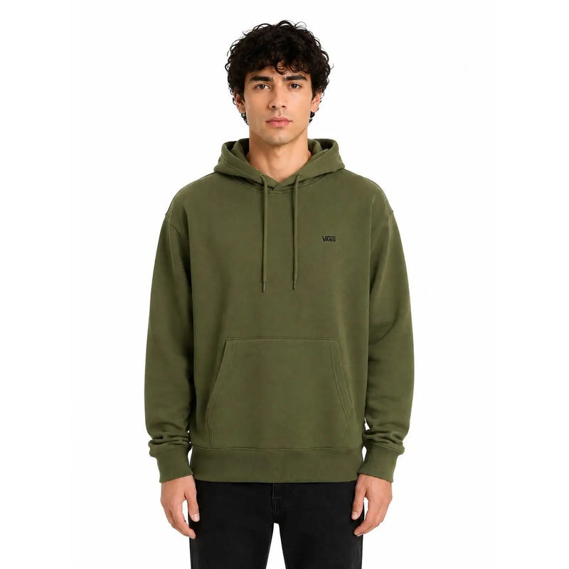 Sweat à capuche Vans pour homme en coton vert olive, petit logo noir sur la poitrine et cordons de serrage assortis.