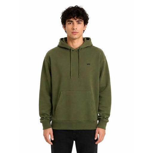 Sweat à capuche Vans pour homme en coton vert olive, petit logo noir sur la poitrine et cordons de serrage assortis.