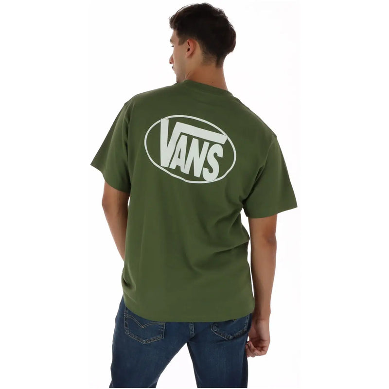 T-shirt Vans pour homme, col rond, en coton vert olive, avec un logo ovale blanc portant le nom de la marque.