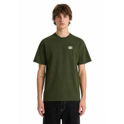 T-shirt Vans vert olive pour homme, col rond, manches courtes, en coton, avec logo ovale blanc sur la poitrine.