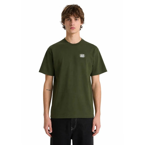 T-shirt Vans vert olive pour homme, col rond, manches courtes, en coton, avec logo ovale blanc sur la poitrine.