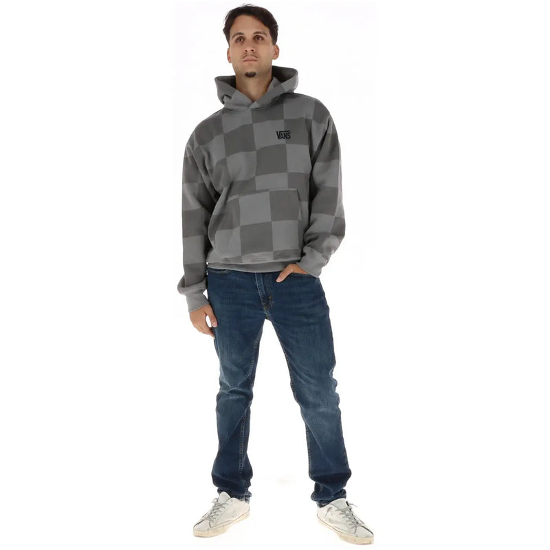 Sweat à capuche Vans pour homme, gris, en mélange de coton à carreaux, avec logo noir sur la poitrine.