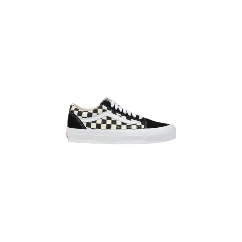 Baskets Vans pour homme en cuir noir, édition printemps-été, avec boucle, tige en toile à damier noir et blanc et semelle en caoutchouc.