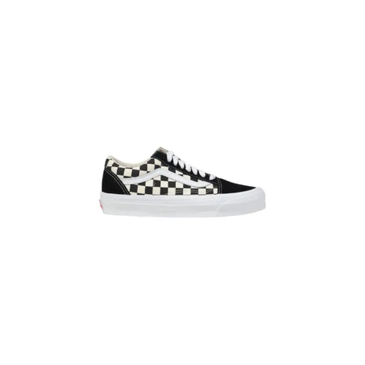 Baskets Vans pour homme en cuir noir, édition printemps-été, avec boucle, tige en toile à damier noir et blanc et semelle en caoutchouc.