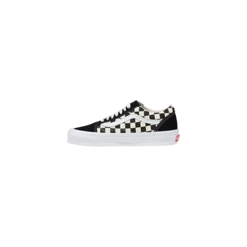 Baskets Vans pour homme en cuir noir, édition printemps-été, avec boucle, tige en toile à damier noir et blanc et semelle en caoutchouc.