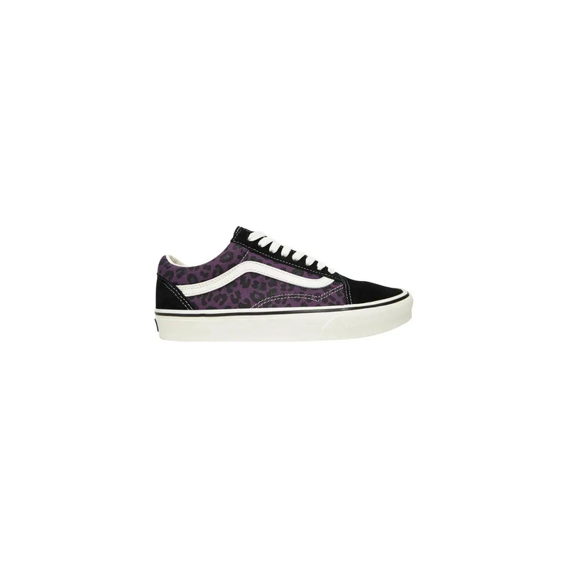 Baskets Vans Old Skool pour homme en cuir avec imprimé léopard violet, empiècements en daim noir et lacets blancs.