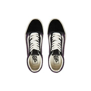 Baskets Vans Old Skool pour homme, en cuir noir et violet, avec lacets blancs et design classique en toile.