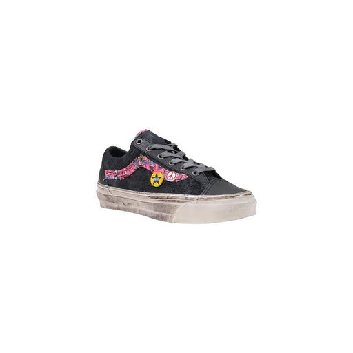 Vans homme en cuir bastop Baskets noires à semelle blanche délavée, broderies florales violettes et roses et patch étoile jaune