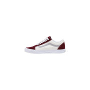 Baskets Vans pour homme en cuir bordeaux Old Skool, marron et blanc, avec une bande latérale argentée visible de profil.