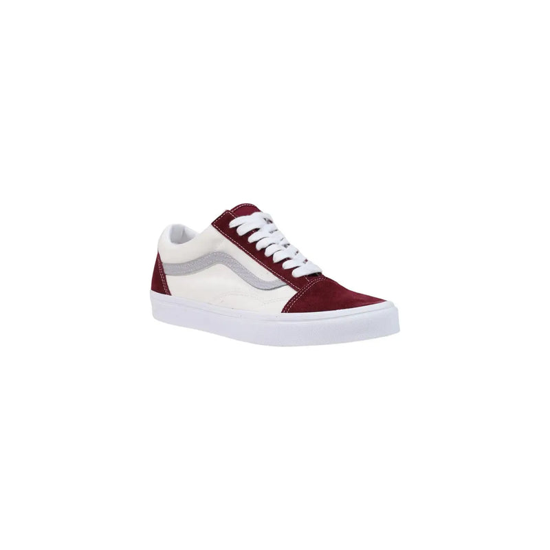 Baskets Vans Old Skool pour homme en cuir bordeaux, bout renforcé en daim bordeaux, tige en toile et bande latérale argentée.