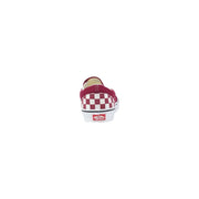Baskets mocassins Vans pour homme, à enfiler, à motif damier bordeaux et blanc, avec tige classique en toile à carreaux rouges.