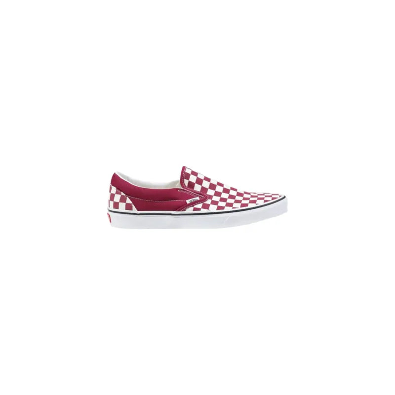 Mocassins Vans pour homme, tige en toile à carreaux bordeaux et blanche, modèle sans lacets et semelle en caoutchouc