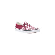 Baskets mocassins Vans pour homme, en toile à carreaux rouges et blancs, modèle classique.
