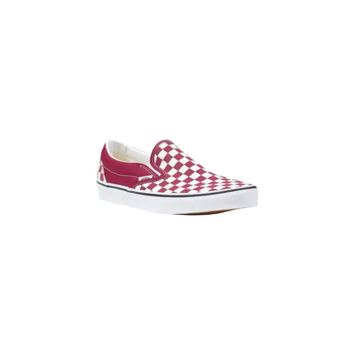 Baskets mocassins Vans pour homme, en toile à carreaux rouges et blancs, modèle classique.