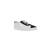 White and black canvas sneaker with lace-up design, classic style.