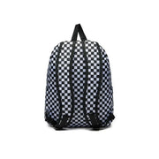 Sac à dos Vans pour homme, en polyester à carreaux noirs et blancs, avec bretelles noires et poche zippée (vue de dos).