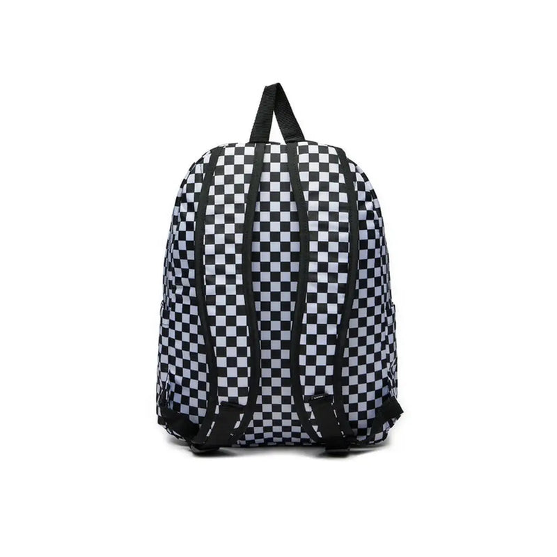 Sac à dos Vans pour homme, en polyester à carreaux noirs et blancs, avec bretelles noires et poche zippée (vue de dos).
