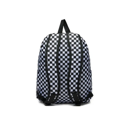 Sac à dos Vans pour homme, en polyester à carreaux noirs et blancs, avec bretelles noires et poche zippée (vue de dos).